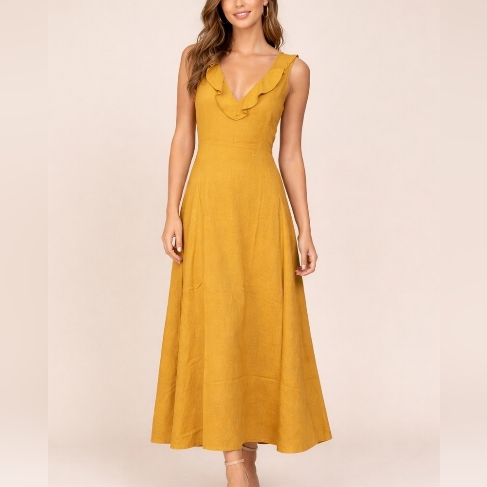 LENNIE LNY NEW YORK Romantic Mustard Yellow Linen Ruffle Prairie Pullover Dress